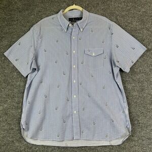 Ralph Lauren Mens Seersucker Shirt Blue‎ White Striped Sailboat Short Sleeve XL